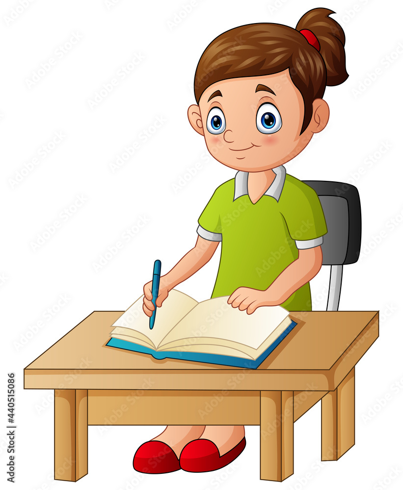 Cute girl studying and writing on the desk