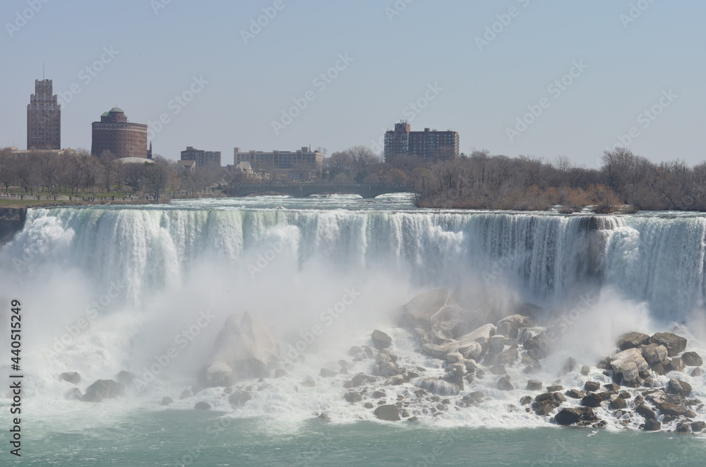 The Canadian “Horseshoe” Falls is in Canada and the American Falls and the Bridal Veil Falls are in the USA. The Niagara River marks the international border between Canada and the USA. The Canadian “Horseshoe” Falls is in Canada and the American Falls and the Bridal Veil Falls are in the USA. The Niagara River marks the international border between Canada and the USA.