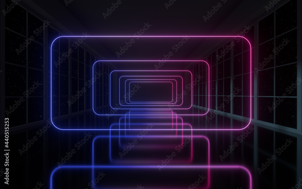 Neon lines in the black empty room, 3d rendering. Neon lines in the black empty room, 3d rendering.