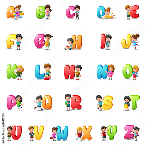 Cartoon colorful alphabet set with happy children