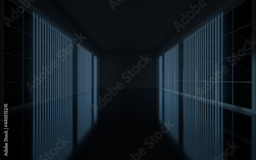 Neon lines in the black empty room, 3d rendering.
