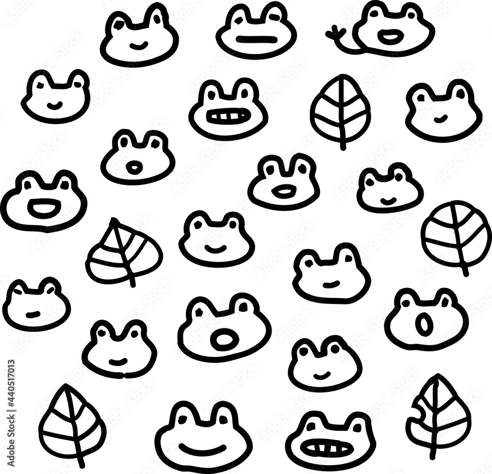 カエルの顔の手描きイラストセット カエルの顔の手描きイラストセット