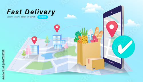 Online shopping. Online delivery service concept. Fast delivery by scooter via mobile phone. Man riding scooter. Vector illustration.