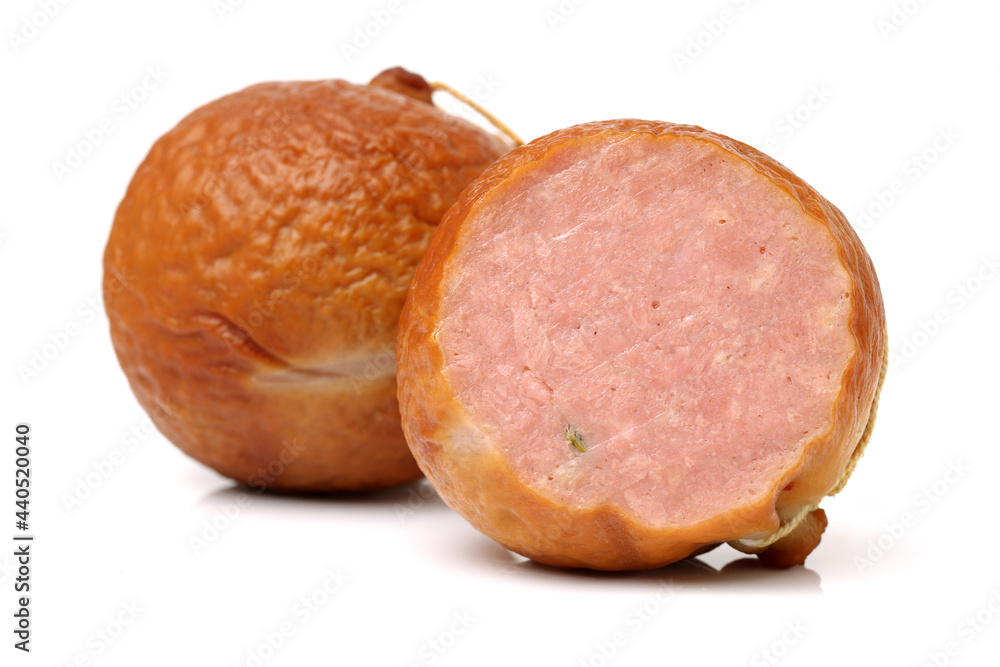 cooked boiled ham sausage on white background cooked boiled ham sausage on white background
