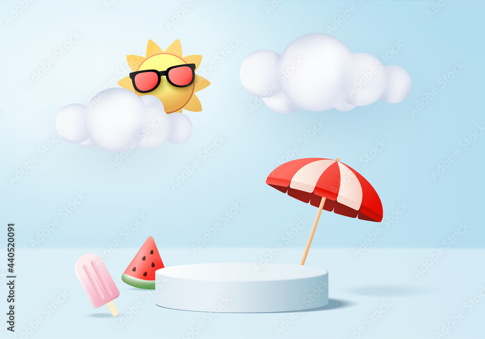 3d summer background product display podium scene with cloud platform. background summer vector 3d render with sun, ice cream, watermelon on podium. stand show cosmetic product display blue studio