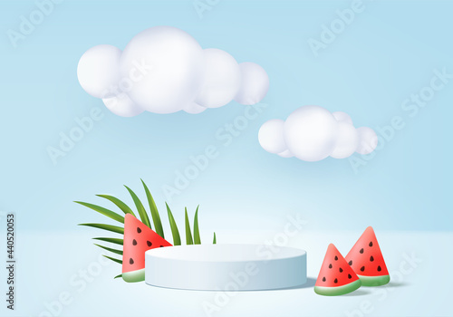 3d summer background product display podium scene with cloud platform. background summer vector 3d render with sun, ice cream, watermelon on podium. stand show cosmetic product display blue studio
