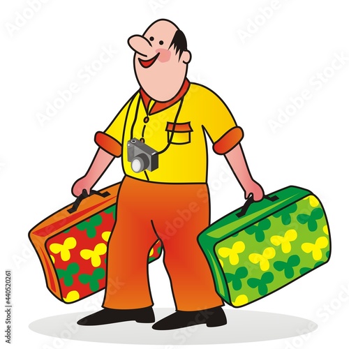 Traveler, man with two suitcases, vector illustration, one person carry luggage