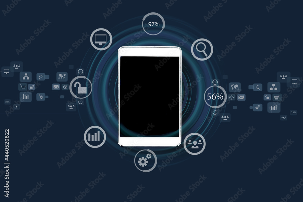 Internet technology network concept, Business virtual hologram through the computer screen, Mobile Application . Internet technology network concept, Business virtual hologram through the computer screen, Mobile Application .