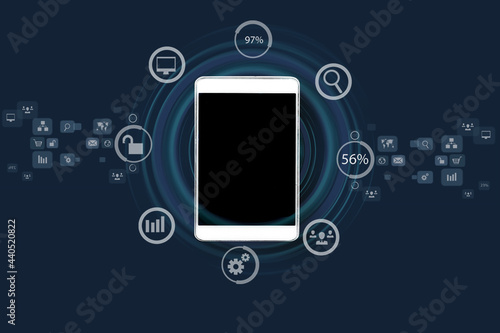 Internet technology network concept, Business virtual hologram through the computer screen, Mobile Application . 