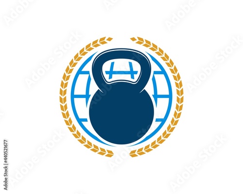 Circular wheat with abstract globe and gym kettle bell inside