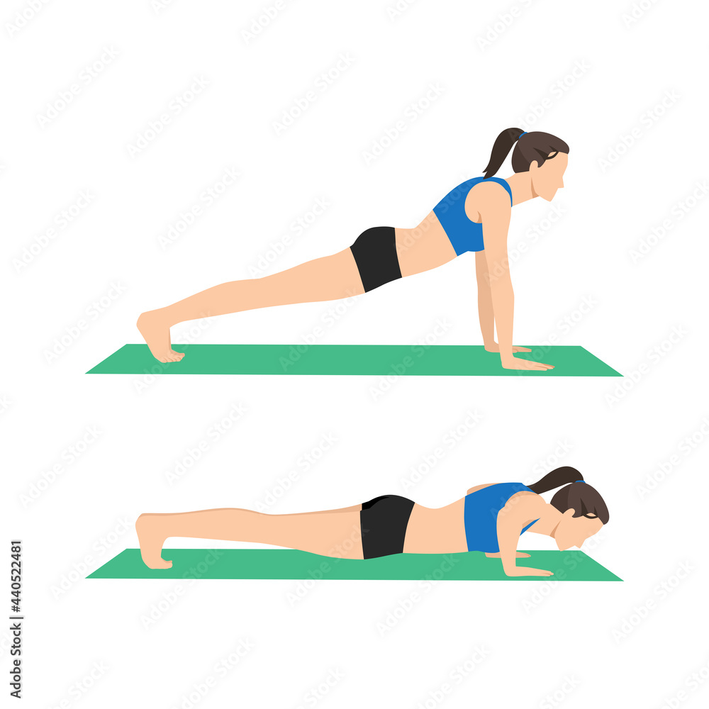 Woman doing Push ups exercise. Flat vector illustration isolated on white background Woman doing Push ups exercise. Flat vector illustration isolated on white background