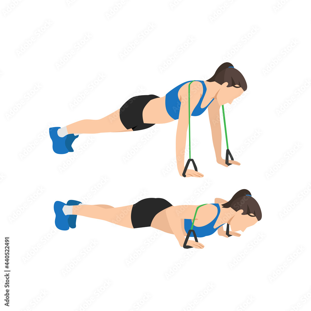 Woman doing Resistance band push ups exercise. Flat vector illustration isolated on white background Woman doing Resistance band push ups exercise. Flat vector illustration isolated on white background