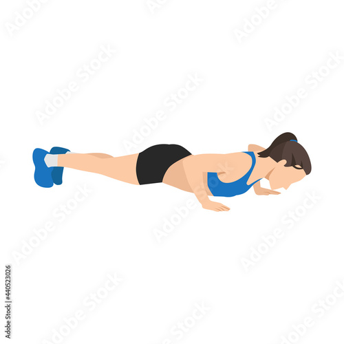 Woman doing Static push ups. pushup hold exercise. Flat vector illustration isolated on white background