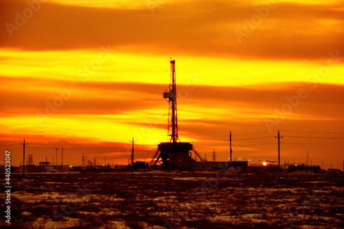 The drilling rig during sunset