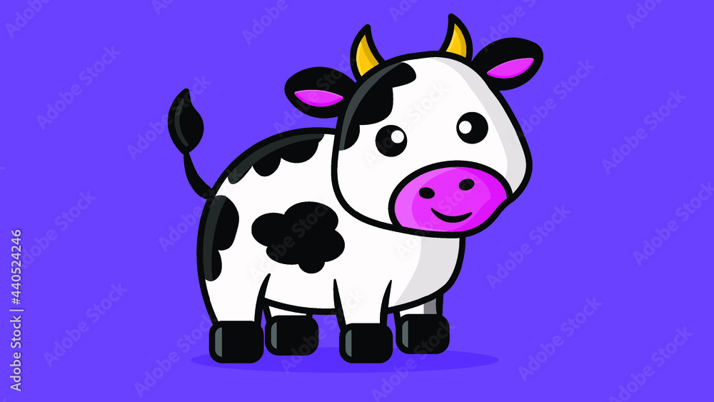 Cute little cow isolated in purple background. Vector illustration of cartoon cow in simple children's style Cute little cow isolated in purple background. Vector illustration of cartoon cow in simple children's style