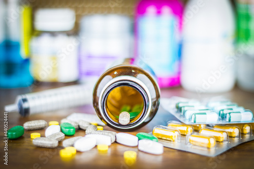 Drug prescription for treatment medication. Pharmaceutical medicament, cure in container for health. Pharmacy theme, capsule pills with medicine antibiotic in packages.