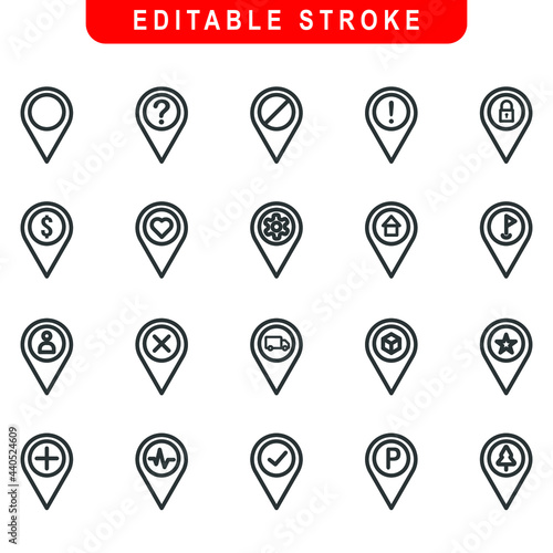 Simple Set of Pin Related Vector Line Icons. Contains such Icons as Disable Pin, Locked, Love Pin, Parking Pin and more. Editable Stroke.