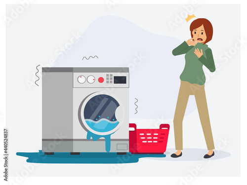 Woman is shocking due to her washing machine is broken , water flood out from  washing machine need to fix,repair. Flat vector cartoon character illustration