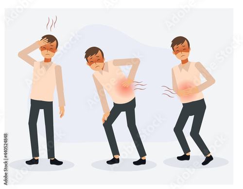 Set of a man is pain in different parts of the body,A man got sick. Backache, headache, stomach ache .Flat Vector cartoon character illustration