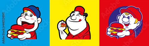 Cartoon cute fatty boy holding big burger character set