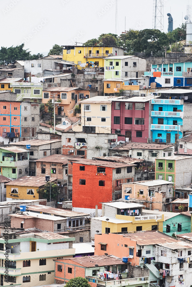 Close-up view of the multicolored houses in the Santa Ana hill neighborhood in Guayaquil.