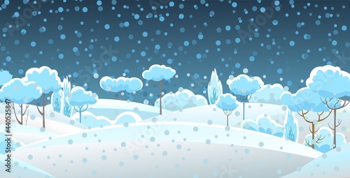 Rural winter. Snowy beautiful landscape. Night. Cartoon style. Snowdrifts. Hills and trees. Snow. Frosty cold. Romantic beauty. Flat design illustration. Vector art
