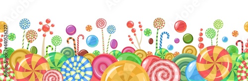 Sweets and scattered. Seamless. Assorted lollipop dessert interspersed. Candy caramel with stick. Bottom seamless border. Flat Background illustration. Vector
