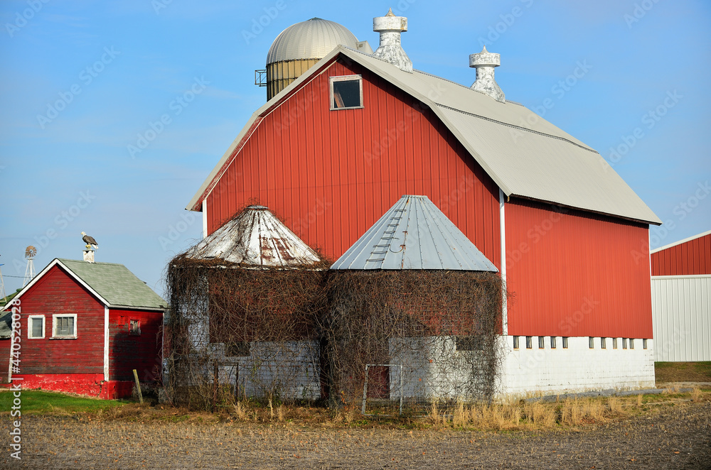 Empty corn silos sit at the end of a red barn on a northeastern Illinois farm. Empty corn silos sit at the end of a red barn on a northeastern Illinois farm.
