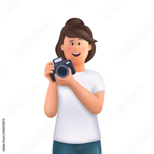 Young woman Jane holding camera, taking photo and smiling. Professional photographer, cameraman concept. 3d vector people character illustration.