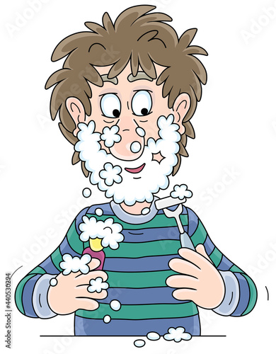 Funny young man with disheveled hair and soapy face, shaving with his razor and cream foam in a bathroom, vector cartoon illustration on a white background