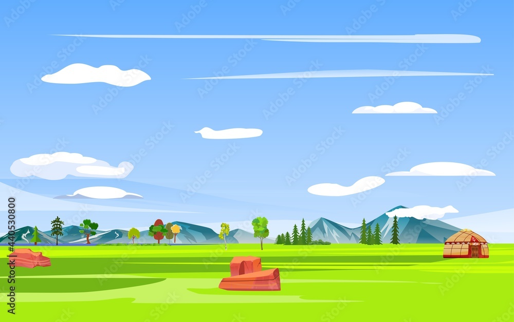 Vector flat landscape illustration of summer countryside in Kazakhstan nature view: sky, mountains, nomad dwelling , , fields and meadows. 