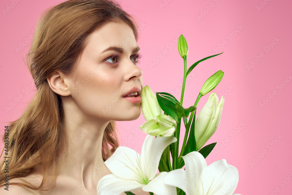 pretty woman with bouquet of white flowers glamor attractive look pink background pretty woman with bouquet of white flowers glamor attractive look pink background