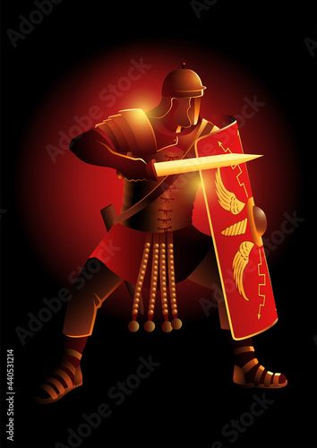 Ancient Rome legionnaire in a position ready to fight photo