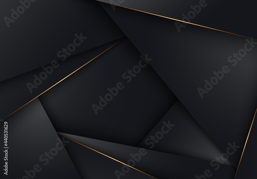 Abstract 3D black stripes low polygon triangles with golden lines overlapping background
