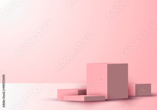 3D realistic cube shape podium or platform product display showcase pink background with lighting