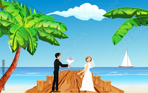 Happy just married couple, wedding trip, wedding photo, bride and groom in the frame, flat vector illustration