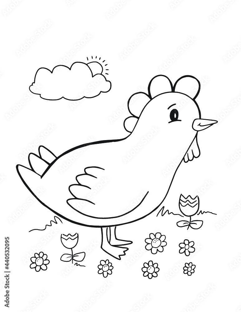 Cute Farm Chicken Coloring Page Vector Illustration Art Stock Vector