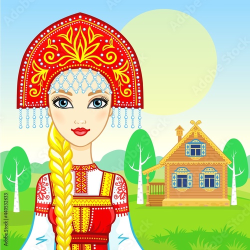 Animation portrait of the young beautiful Russian girl in ancient national clothes. Fairy tale character. Background - a summer landscape, ancient rural wooden house.  Vector illustration. 