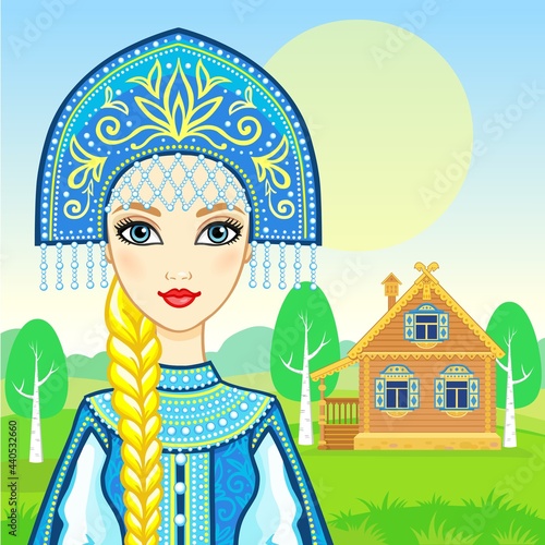 Animation portrait of the young beautiful Russian girl in ancient national clothes. Fairy tale character. Background - a summer landscape, ancient rural wooden house.  Vector illustration. 