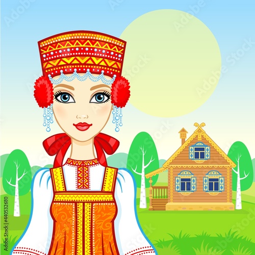 Animation portrait of the young beautiful Russian girl in ancient national clothes. Fairy tale character. Background - a summer landscape, ancient rural wooden house.  Vector illustration. 