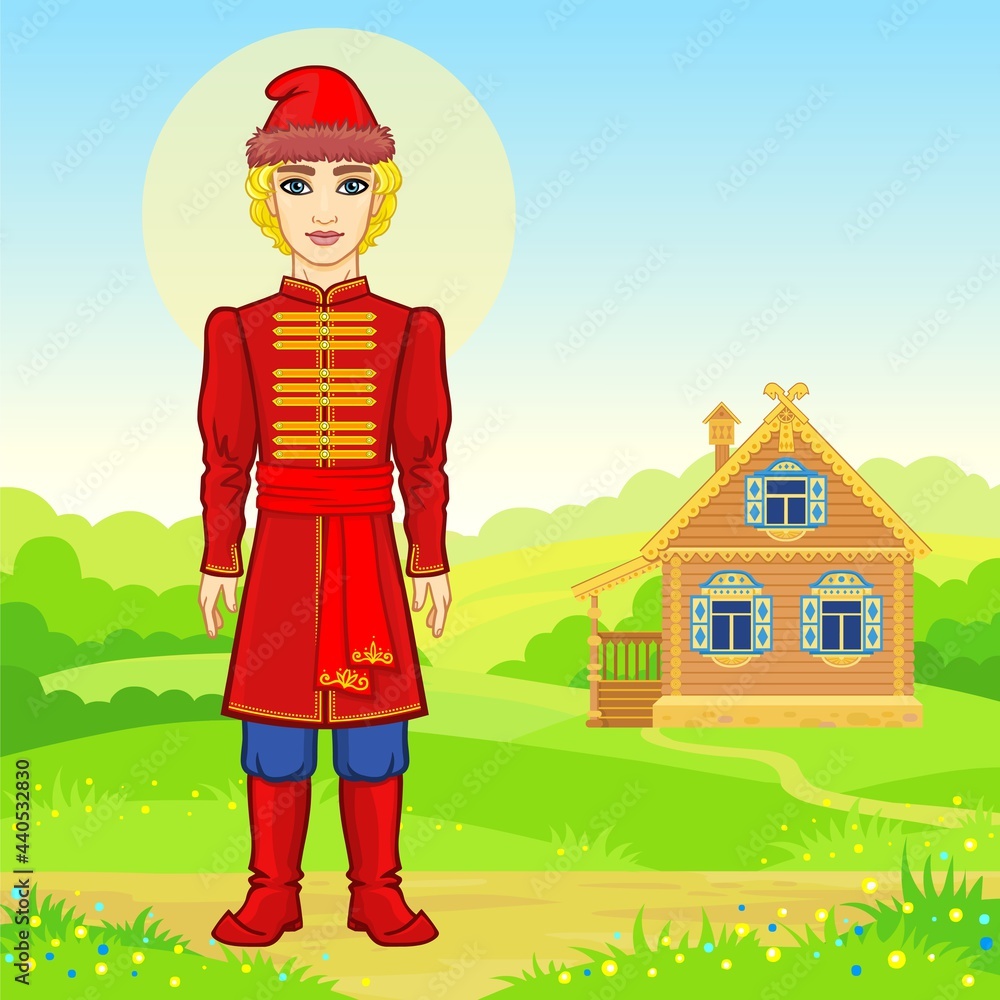 Animation portrait of the young Russian man  in traditional clothes.  Fairy tale character. Full growth. A background - a rural landscape, the ancient house. Vector illustration.