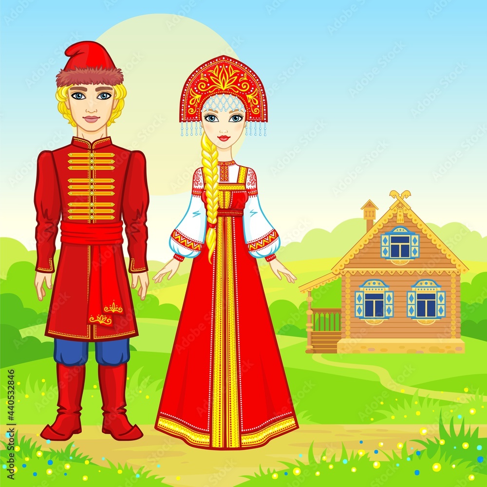 Animation portrait of beautiful Russian family  in traditional clothes.  Fairy tale character. Full growth. A background - a rural landscape, the ancient house. Vector illustration.