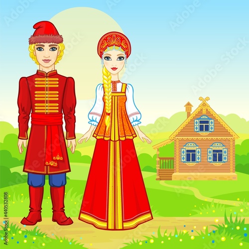 Animation portrait of beautiful Russian family  in traditional clothes.  Fairy tale character. Full growth. A background - a rural landscape, the ancient house. Vector illustration.