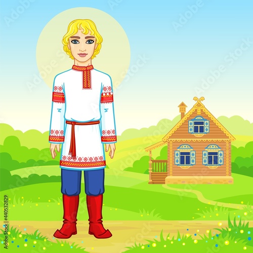 Animation portrait of the young Russian man  in traditional clothes.  Fairy tale character. Full growth. A background - a rural landscape, the ancient house. Vector illustration.