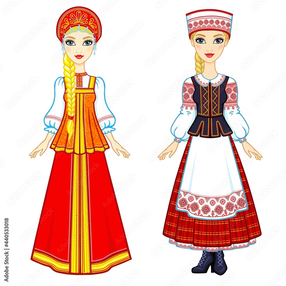 Slavic beauty. Animation portrait of the Russian and Belarusian girls in national suits. Eastern Europe. Full growth. Vector illustration isolated on a white background.
