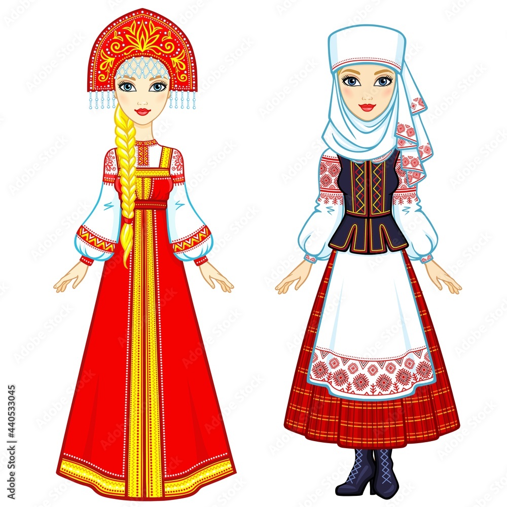 Slavic beauty. Animation portrait of the Russian and Belarusian girls in national suits. Eastern Europe. Full growth. Vector illustration isolated on a white background.