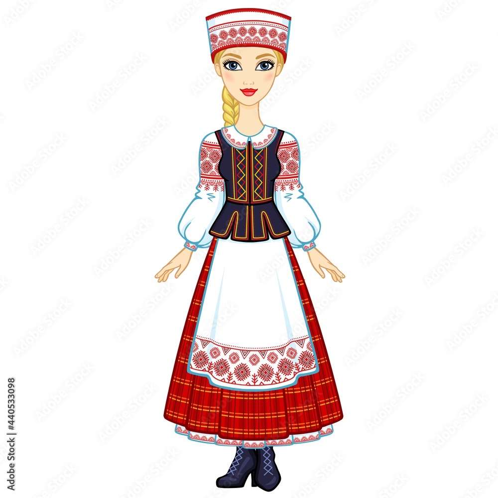 Animation portrait of the young Belarusian girl in traditional clothes. Eastern Europe. Full growth. Vector illustration isolated on a white background.