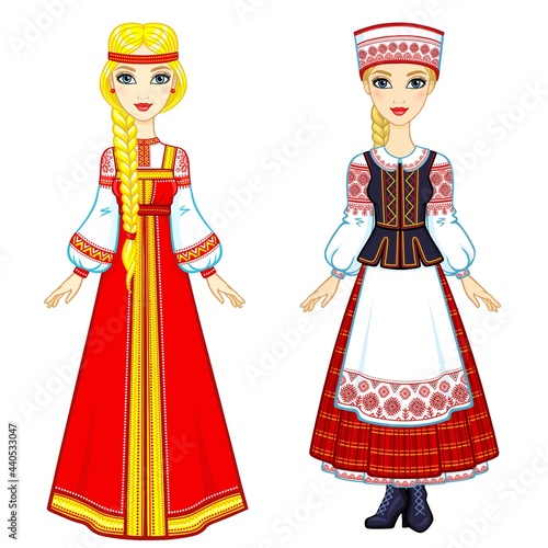 Slavic beauty. Animation portrait of the Russian and Belarusian girls in national suits. Eastern Europe. Full growth. Vector illustration isolated on a white background.