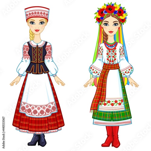 Slavic beauty. Animation portrait of the Ukrainian and Belarusian girls in national suits. Eastern Europe. Full growth. Vector illustration isolated on a white background.