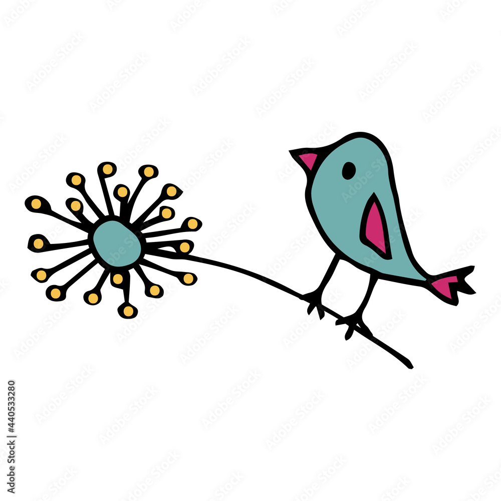 Bird in doodle style. Hand-drawn spring, summer design. Postcard, baby room decoration. White background. Black outline. Colorful vector illustration. Migratory bird. Hand-drawn cartoon-style image. 